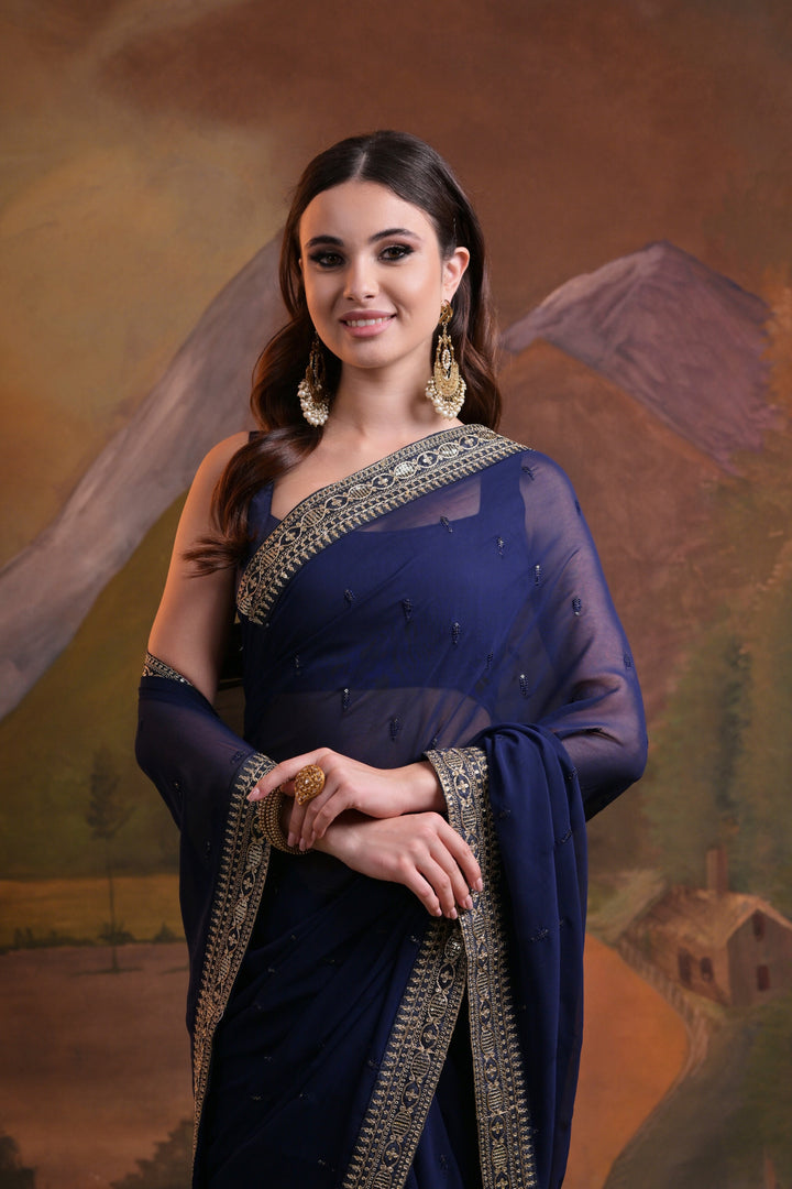 Navy Georgette Saree | Stunning Sequins & Embroidery for Weddings