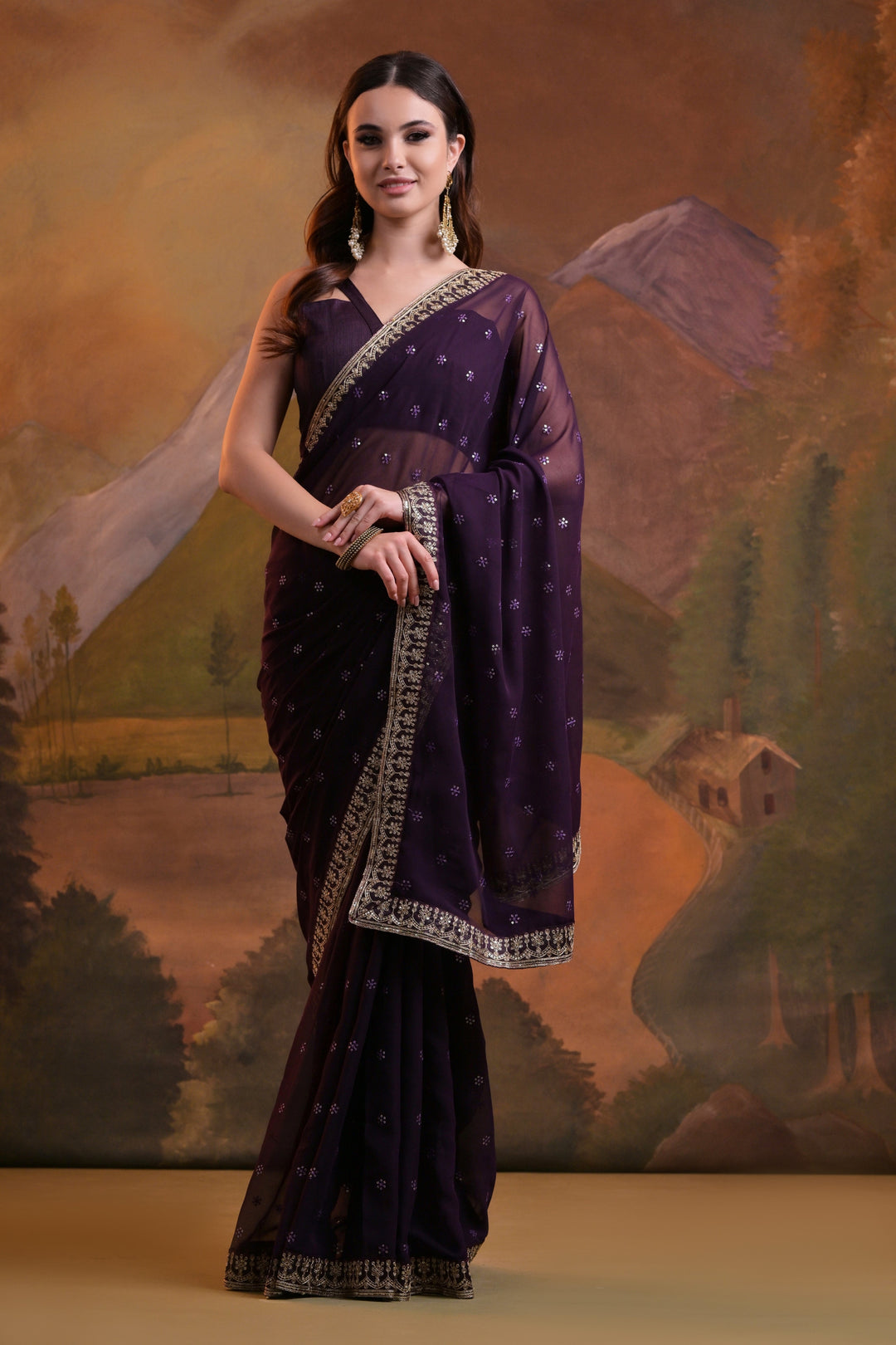 Elegant Georgette Saree with Sequined Butti Embroidery | Wedding & Festive