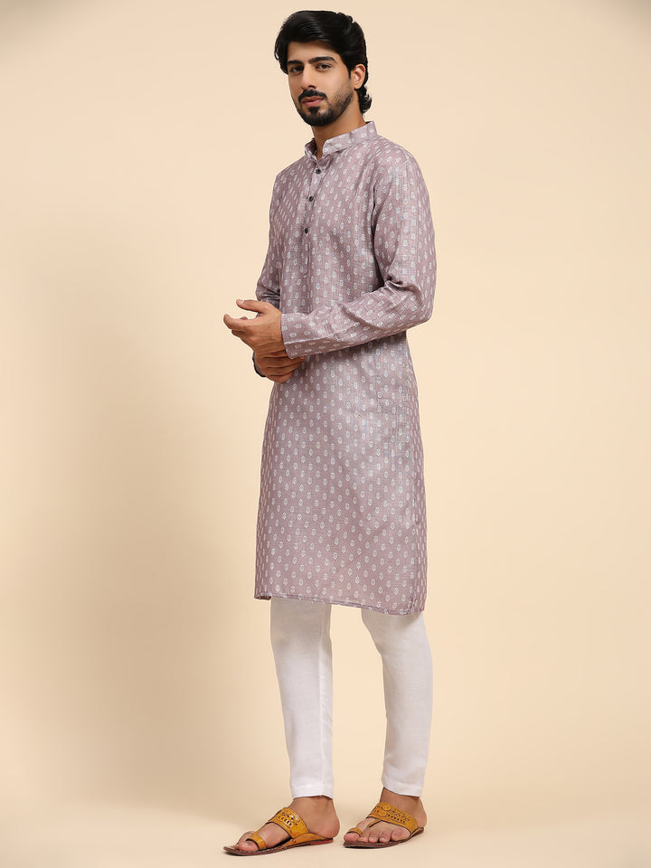 Mauve Linen Kurta for Men | Digital Printed Designer Festive Wear