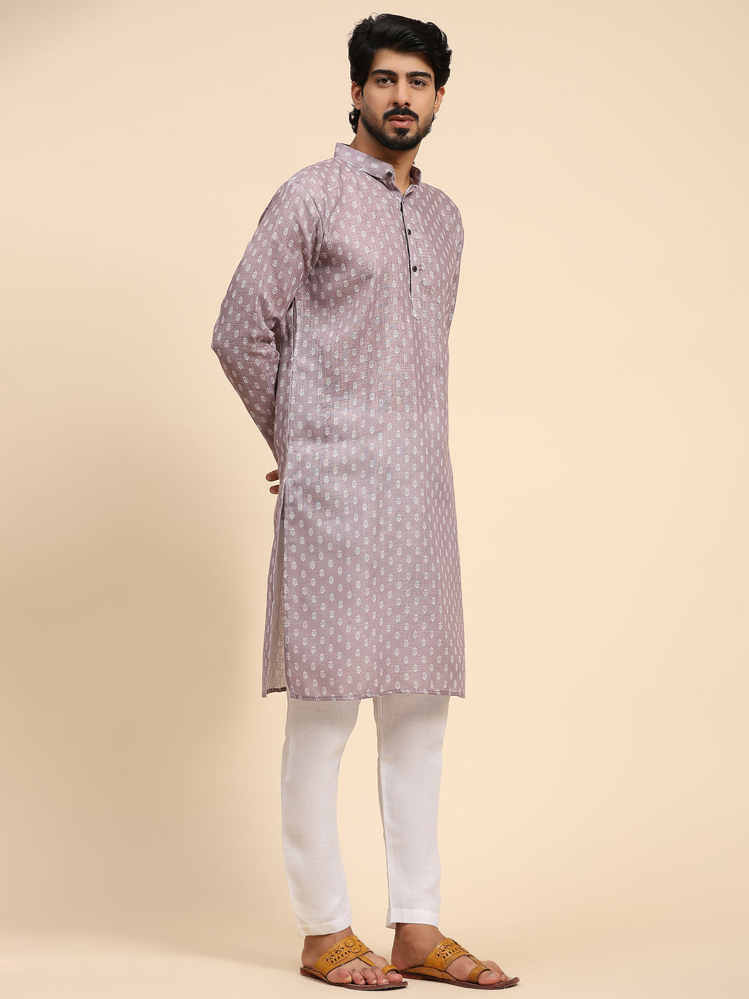 Mauve Linen Kurta for Men | Digital Printed Designer Festive Wear