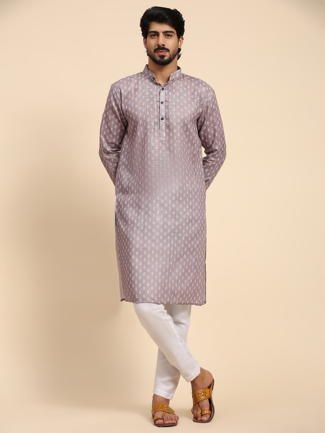 Mauve Linen Kurta for Men | Digital Printed Designer Festive Wear