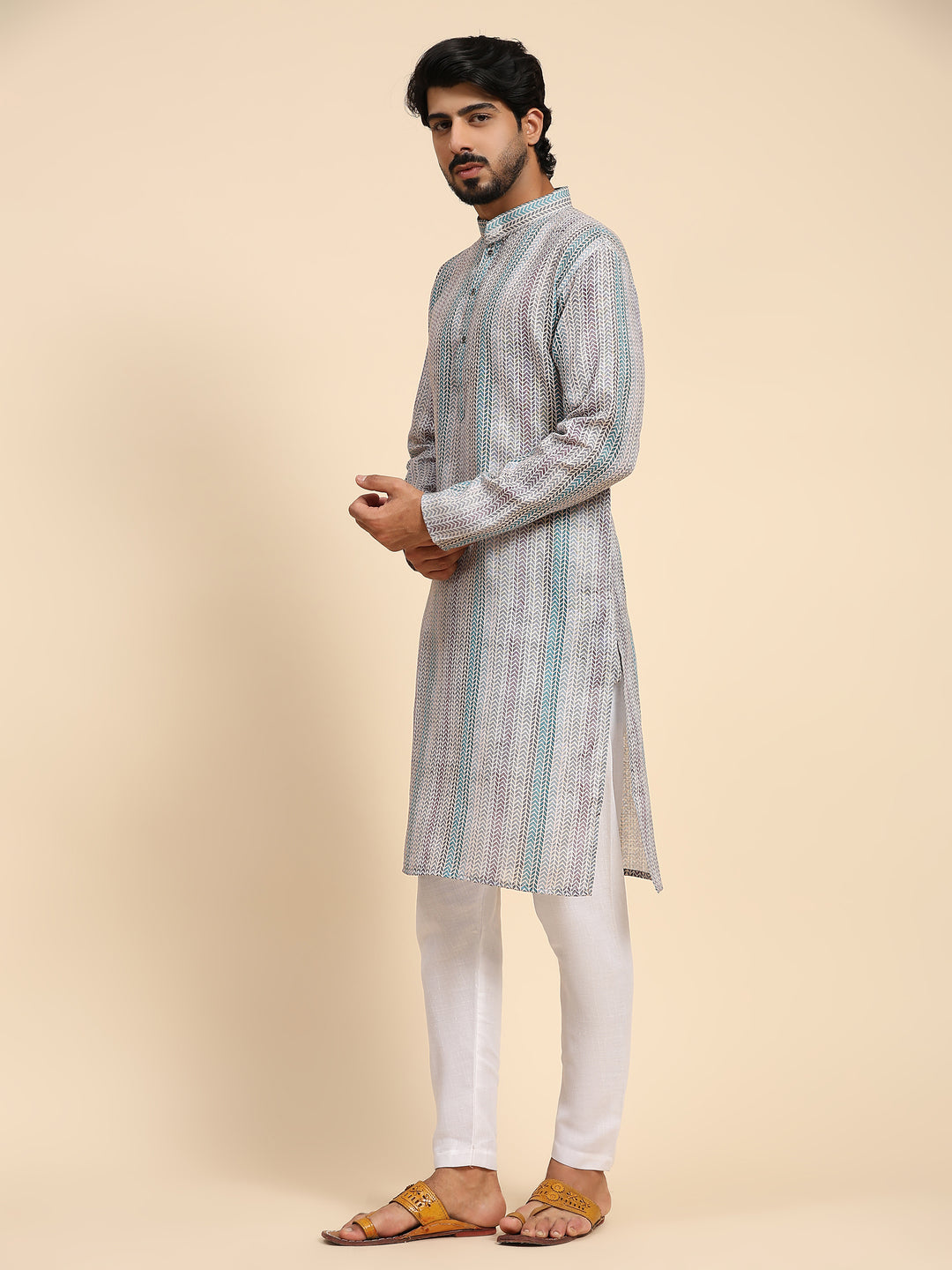 Designer Sea Green Kurta | Linen Fabric with Digital Print for Men