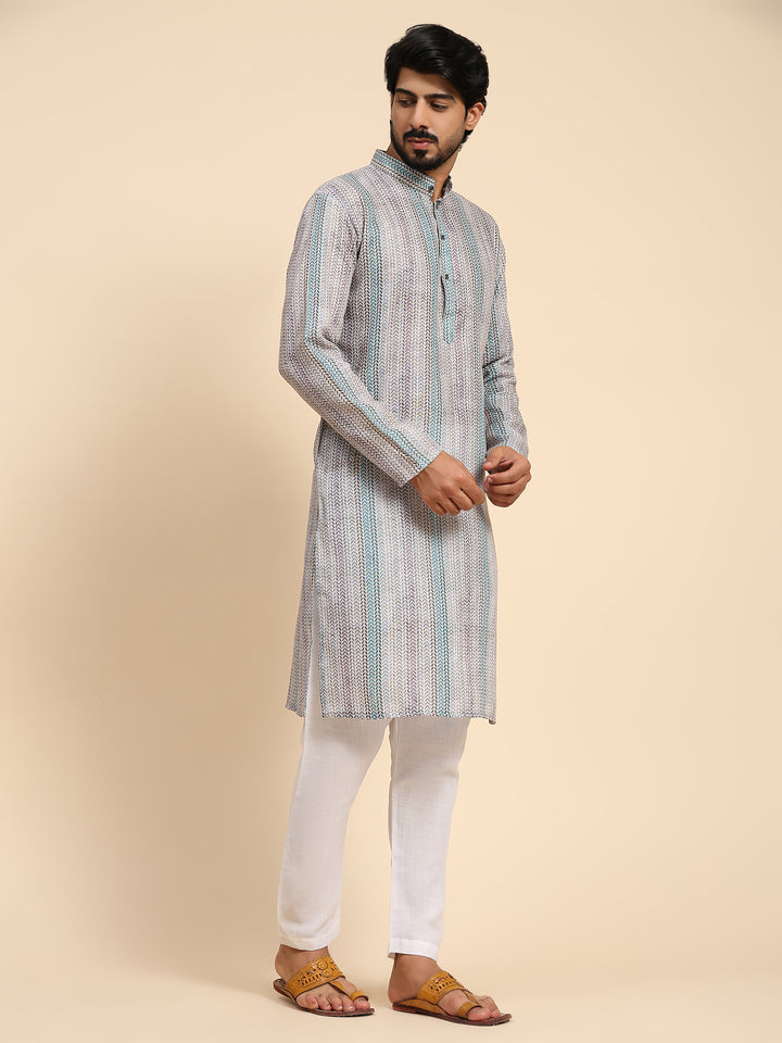 Designer Sea Green Kurta | Linen Fabric with Digital Print for Men