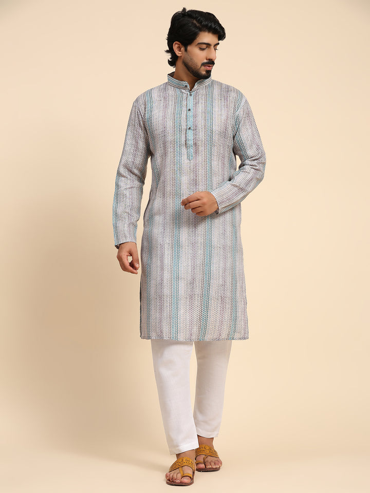 Designer Sea Green Kurta | Linen Fabric with Digital Print for Men