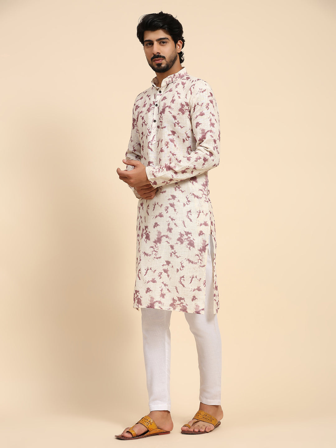 Off White Linen Kurta for Men | Digital Printed Designer Festive Wear