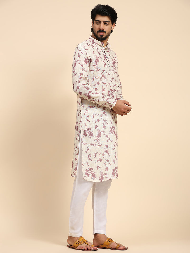 Off White Linen Kurta for Men | Digital Printed Designer Festive Wear