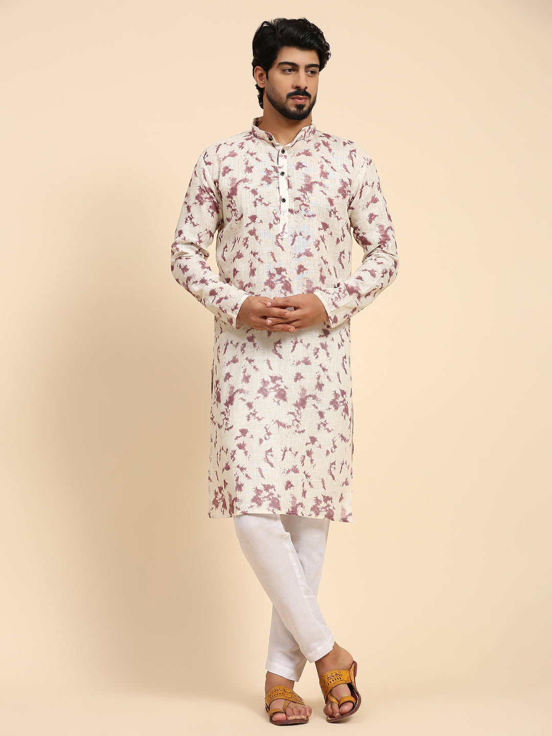 Off White Linen Kurta for Men | Digital Printed Designer Festive Wear