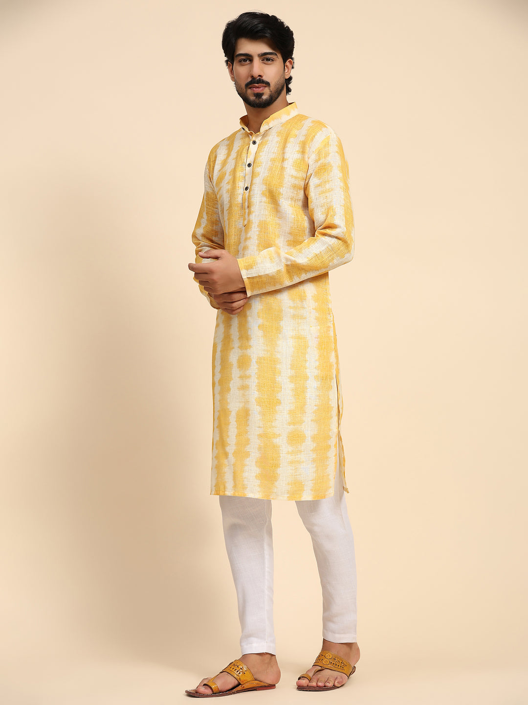 Designer Yellow Kurta | Linen Fabric with Digital Print for Men