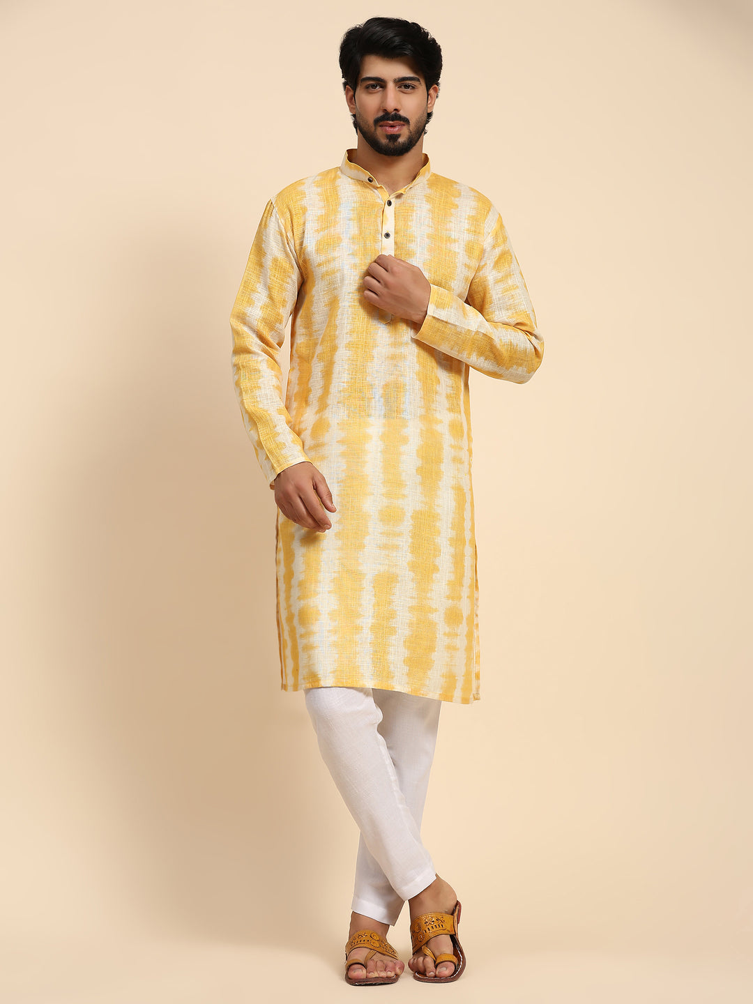 Designer Yellow Kurta | Linen Fabric with Digital Print for Men