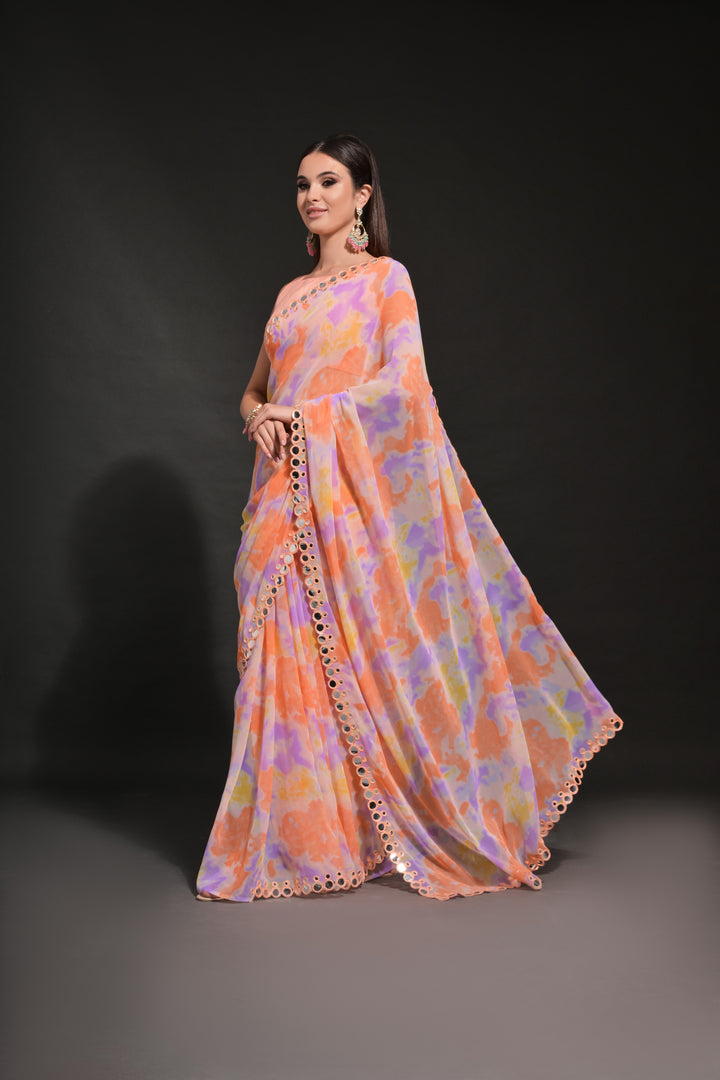 Prizam-Printed Georgette Saree with Mirror-Work Lace Border | Wedding Festivity