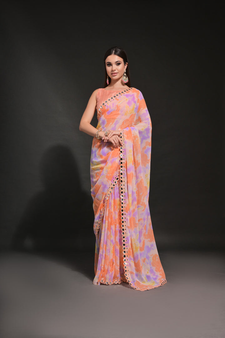 Prizam-Printed Georgette Saree with Mirror-Work Lace Border | Wedding Festivity