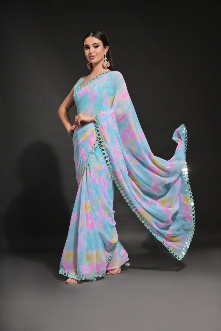 Prizam-Printed Georgette Saree with Mirror-Work Lace Border | Wedding Festivity