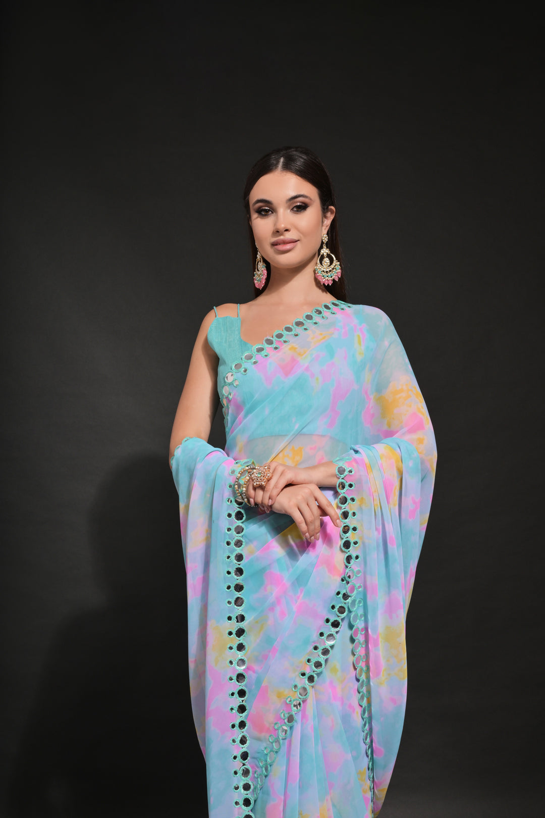 Prizam-Printed Georgette Saree with Mirror-Work Lace Border | Wedding Festivity