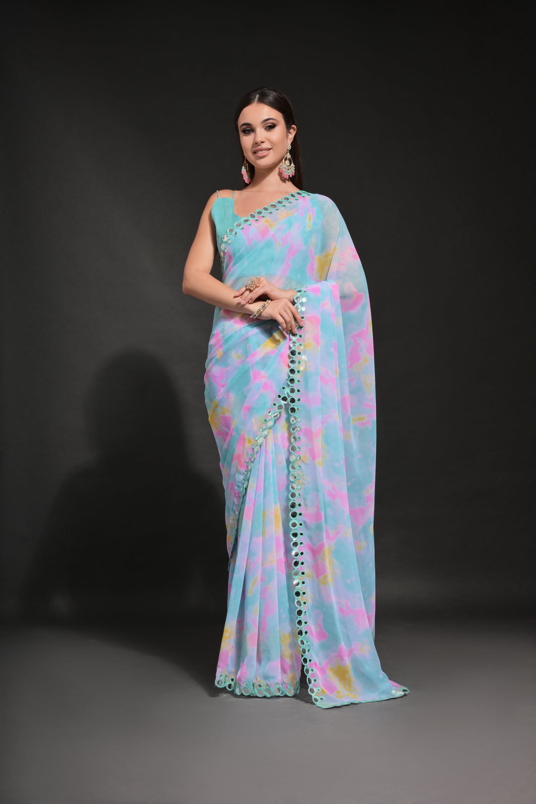 Prizam-Printed Georgette Saree with Mirror-Work Lace Border | Wedding Festivity