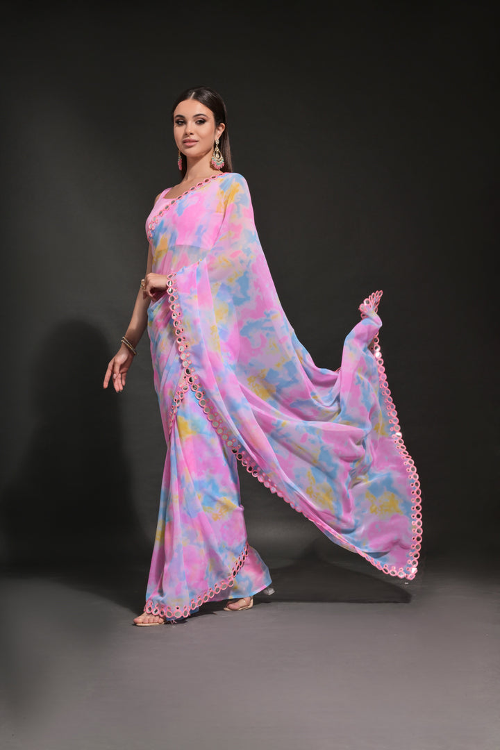 Prizam-Printed Georgette Saree with Mirror-Work Lace Border | Wedding Festivity