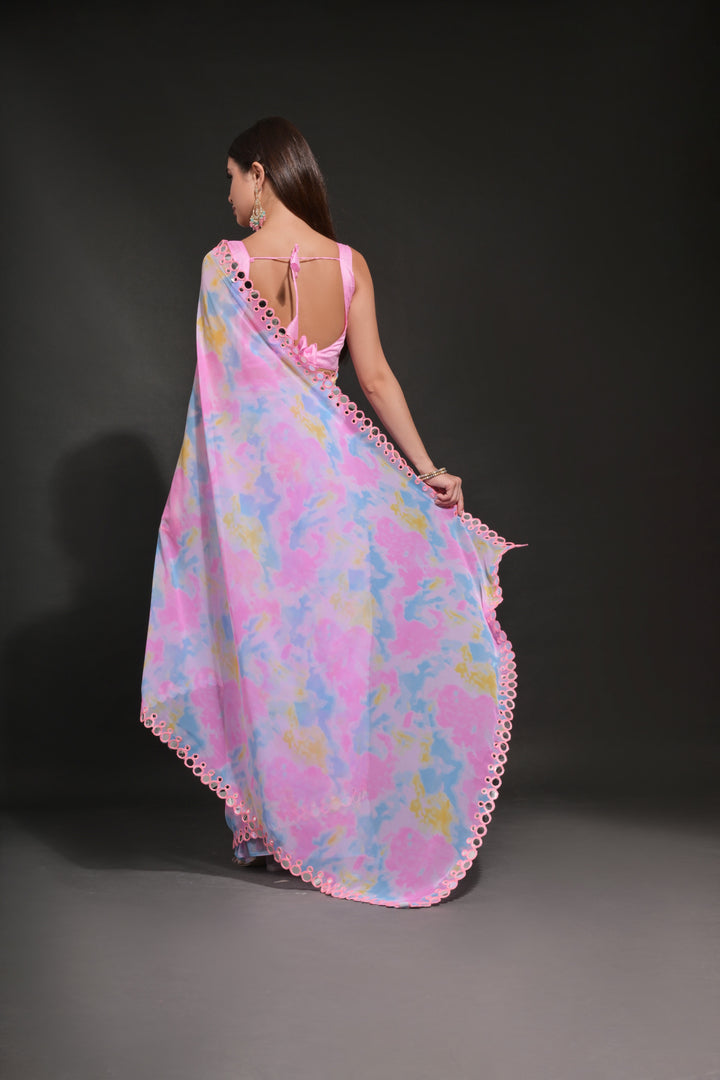 Prizam-Printed Georgette Saree with Mirror-Work Lace Border | Wedding Festivity