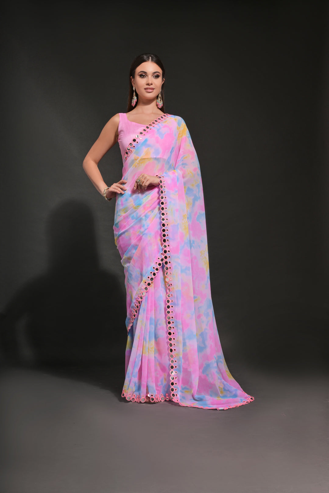 Prizam-Printed Georgette Saree with Mirror-Work Lace Border | Wedding Festivity