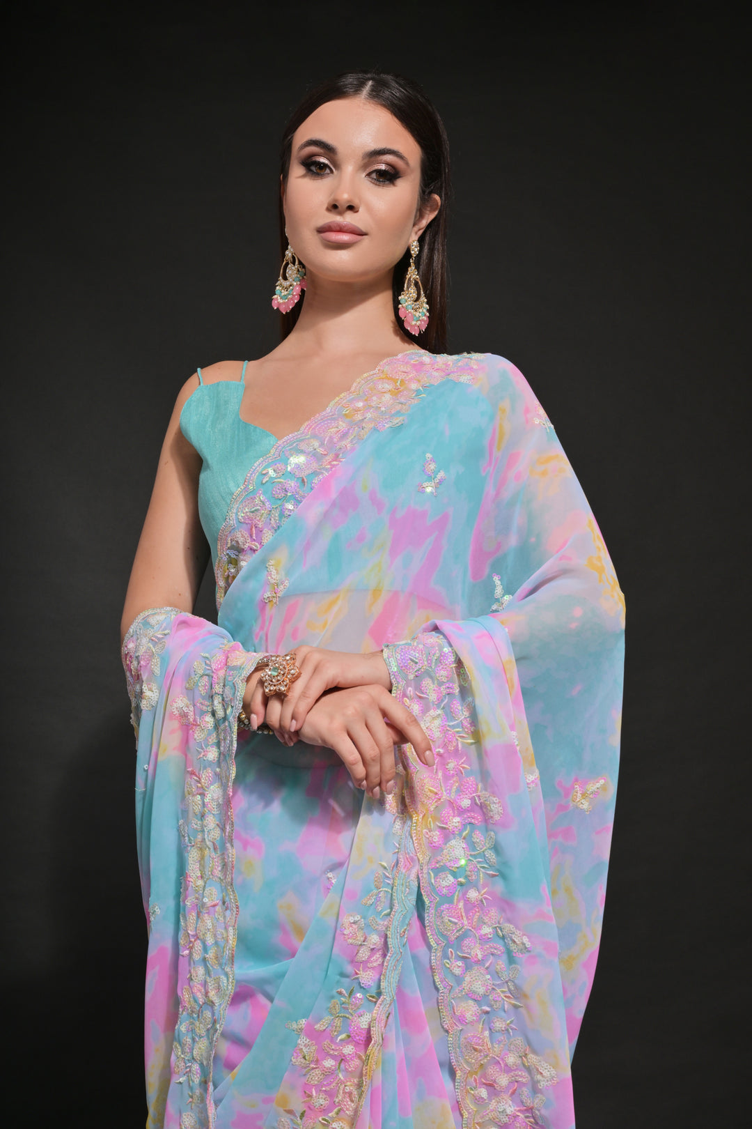 Elegant Georgette Saree | Prizam-Printed with Embroidered C-Pallu for Weddings