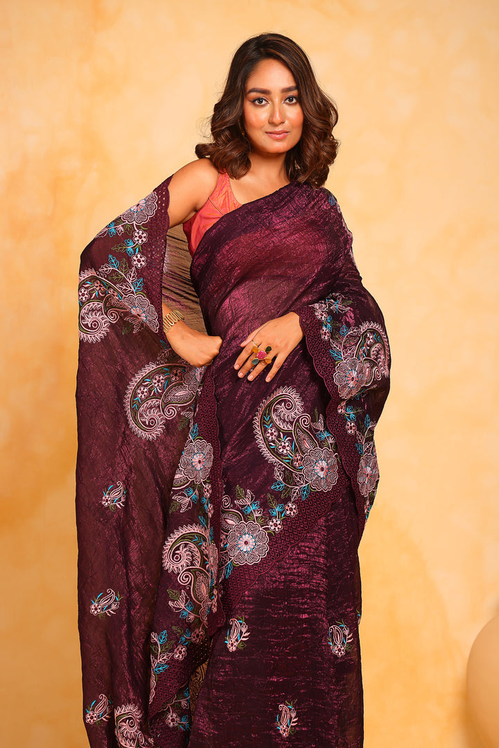 Elegant Georgette Saree | Crushed & Embroidered for Weddings & Events