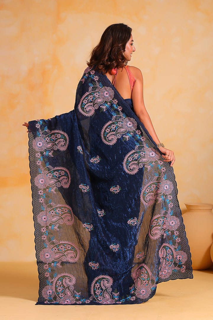 Elegant Georgette Saree | Crushed & Embroidered for Weddings & Events