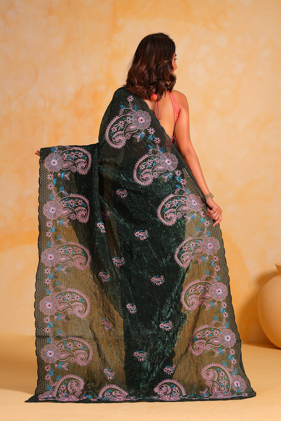 Elegant Georgette Saree | Crushed & Embroidered for Weddings & Events