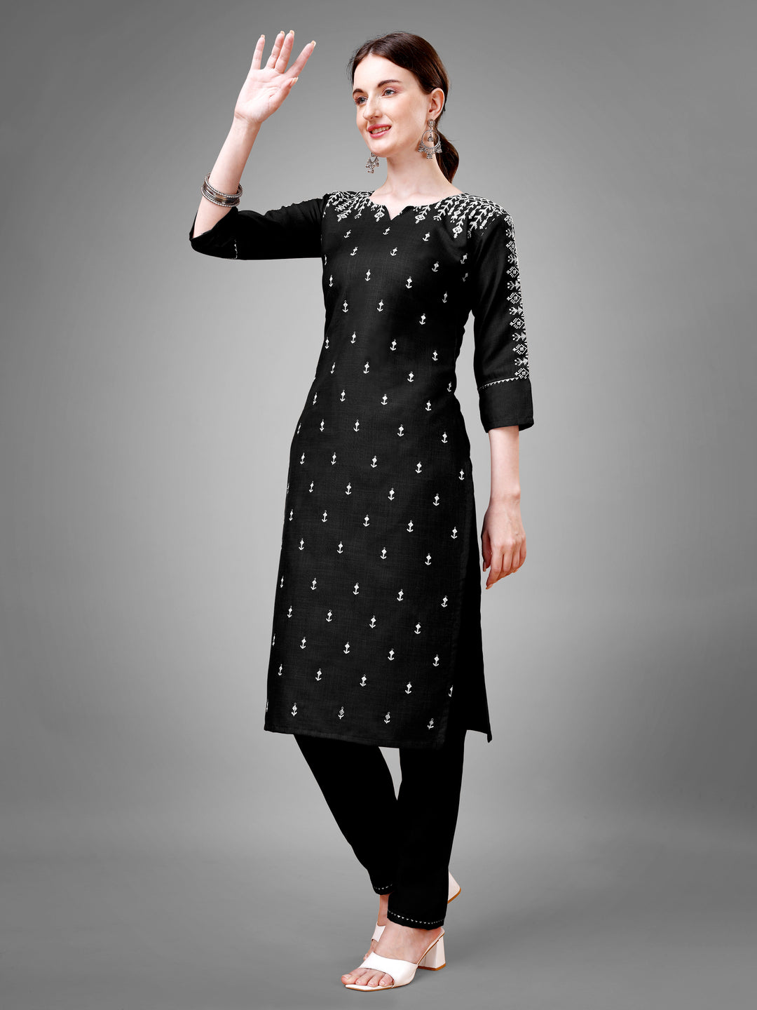 Stylish Kurti Set with Embroidery | Portrait Neck & Matching Bottoms