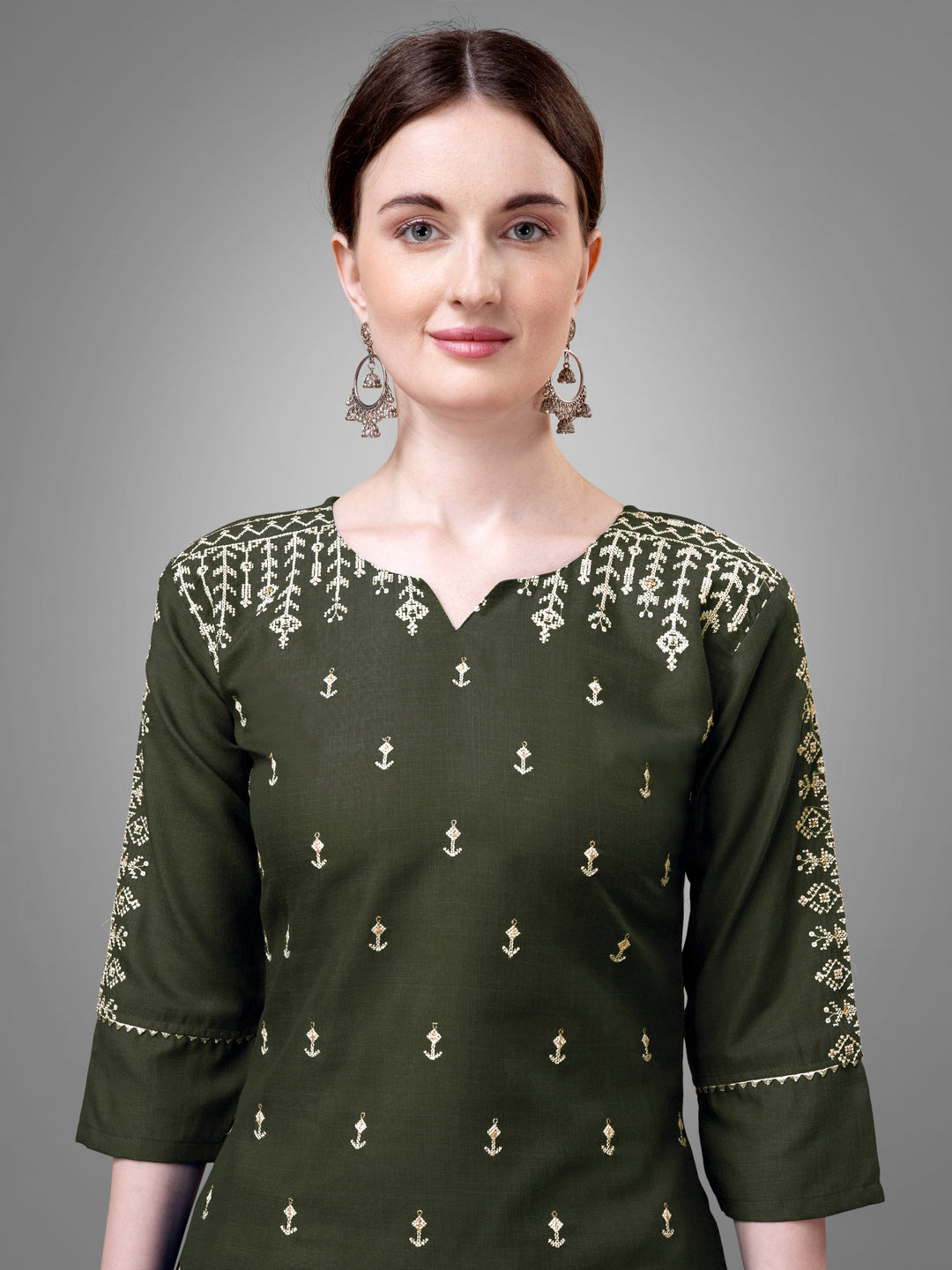 Stylish Kurti Set with Embroidery | Portrait Neck & Matching Bottoms