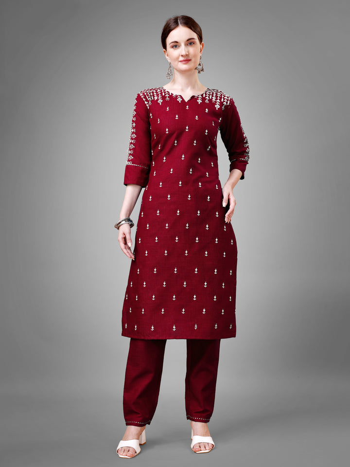 Stylish Kurti Set with Embroidery | Portrait Neck & Matching Bottoms