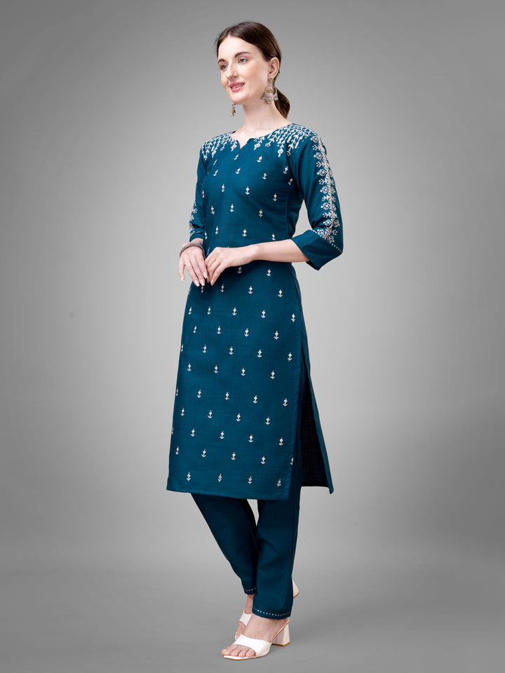 Stylish Kurti Set with Embroidery | Portrait Neck & Matching Bottoms