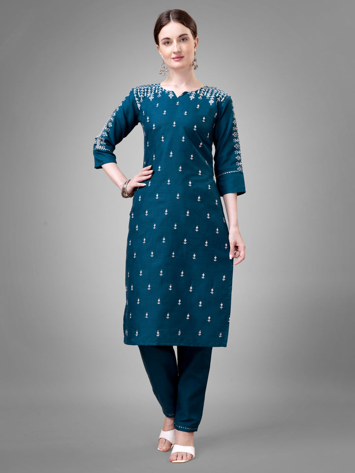 Stylish Kurti Set with Embroidery | Portrait Neck & Matching Bottoms