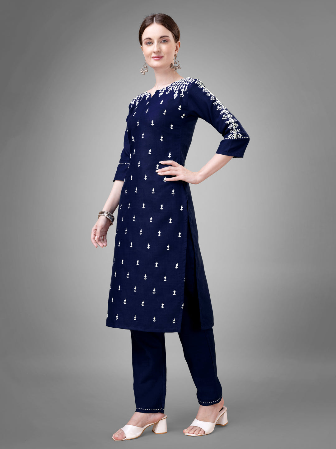 Stylish Kurti Set with Embroidery | Portrait Neck & Matching Bottoms