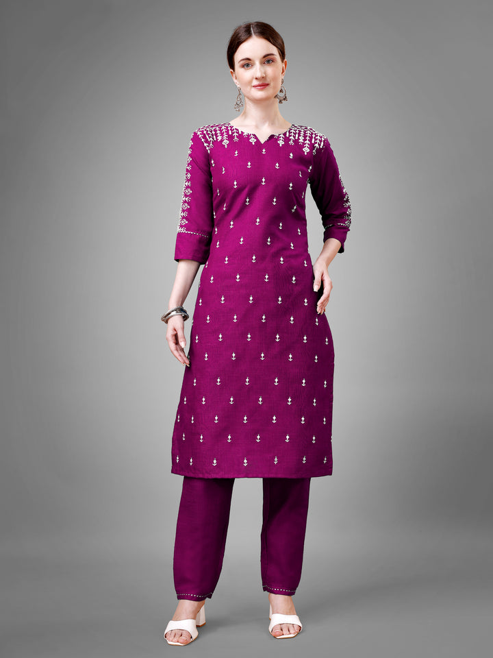 Stylish Kurti Set with Embroidery | Portrait Neck & Matching Bottoms