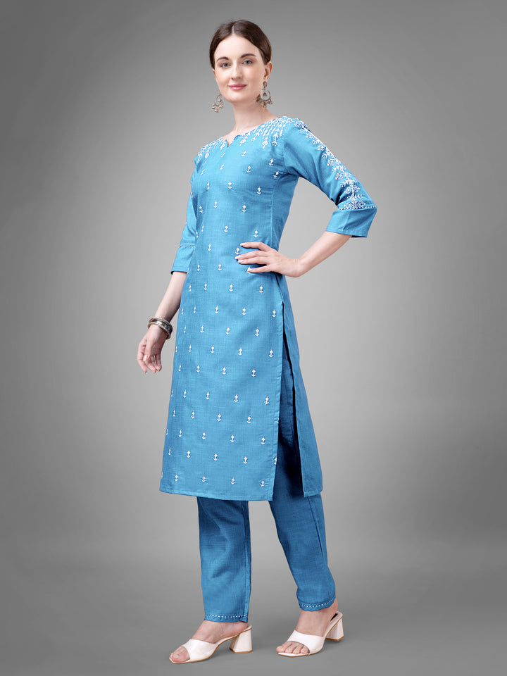 Stylish Kurti Set with Embroidery | Portrait Neck & Matching Bottoms