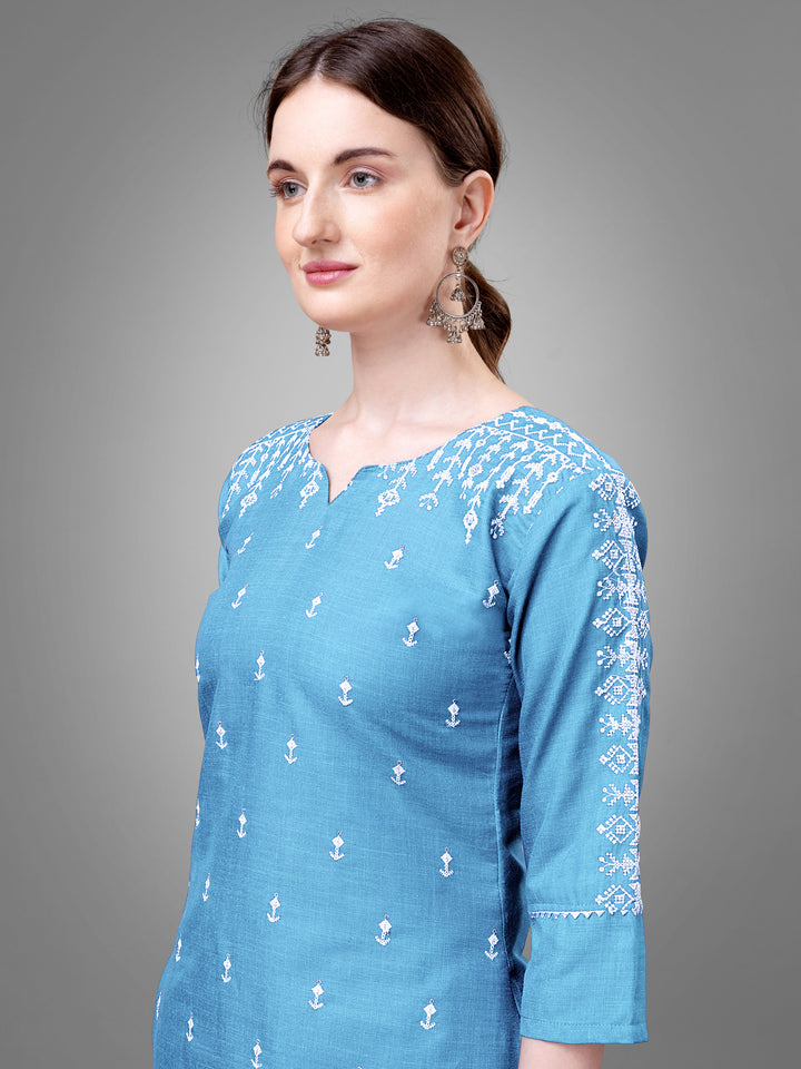 Stylish Kurti Set with Embroidery | Portrait Neck & Matching Bottoms