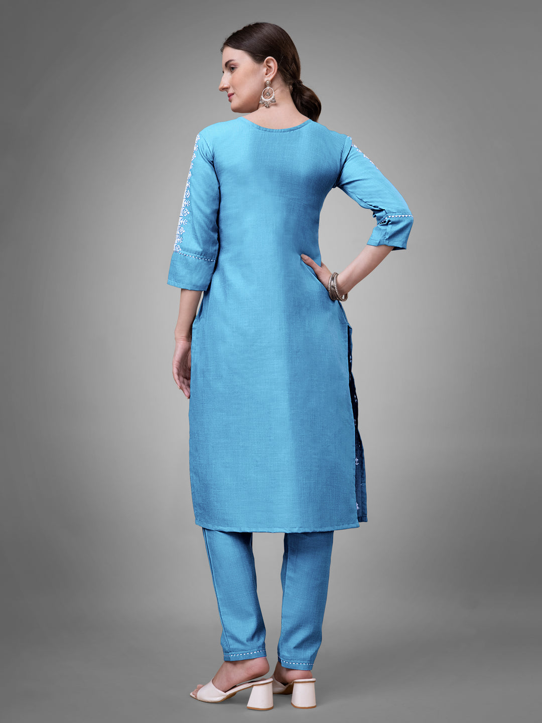 Stylish Kurti Set with Embroidery | Portrait Neck & Matching Bottoms