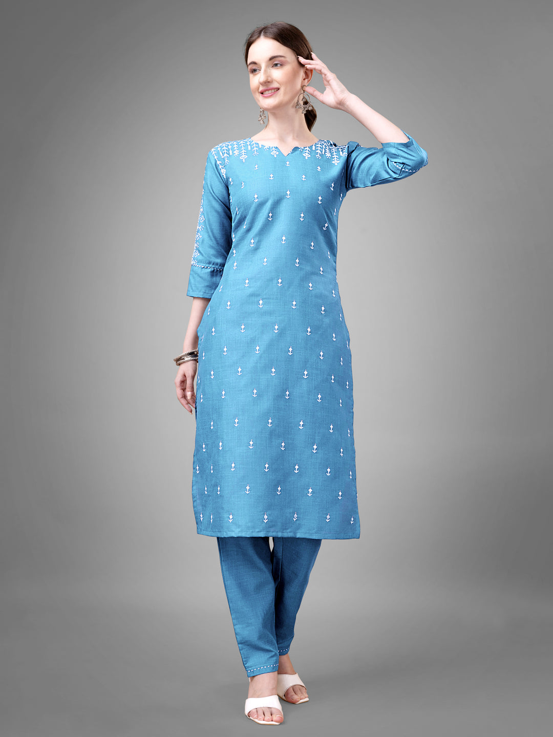 Stylish Kurti Set with Embroidery | Portrait Neck & Matching Bottoms