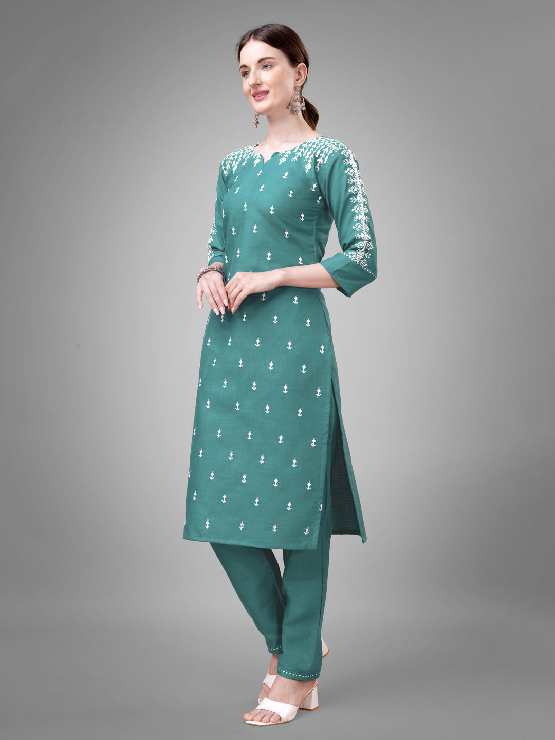 Stylish Kurti Set with Embroidery | Portrait Neck & Matching Bottoms