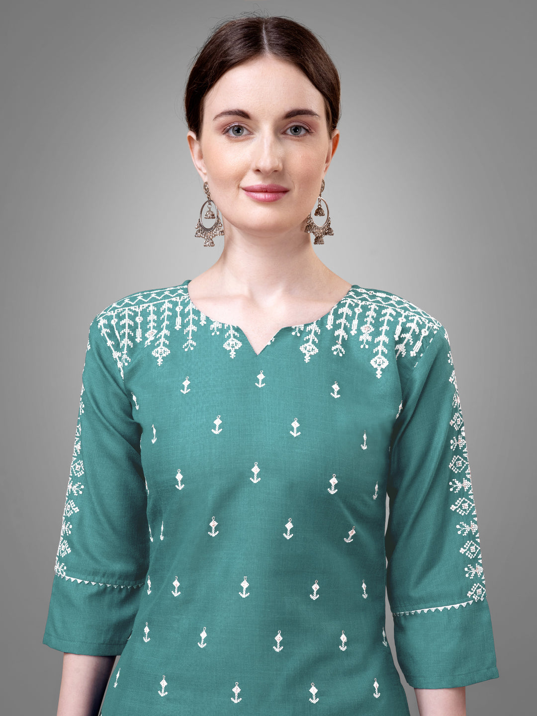 Stylish Kurti Set with Embroidery | Portrait Neck & Matching Bottoms