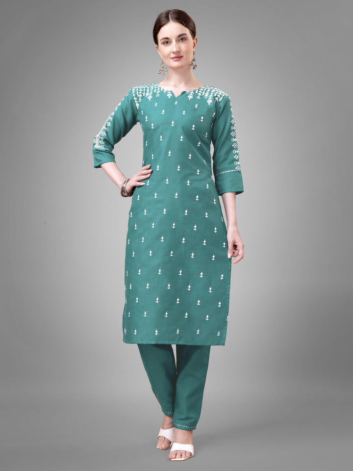 Stylish Kurti Set with Embroidery | Portrait Neck & Matching Bottoms