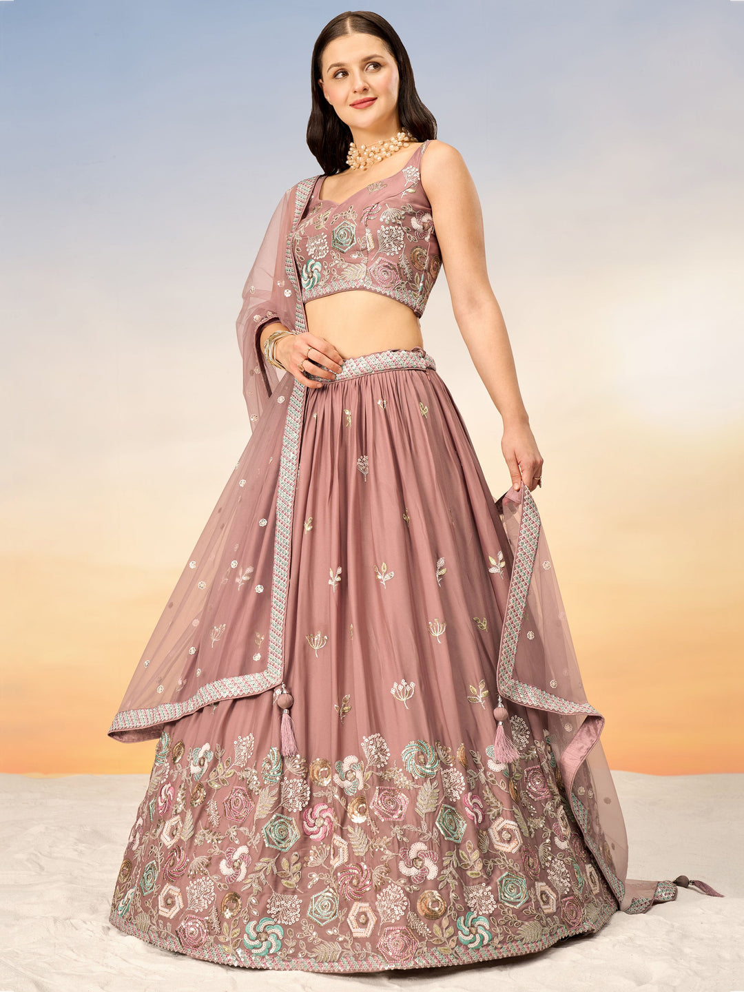 Attractive Rose Gold Embroidered Georgette Lehenga Choli With Dupatta