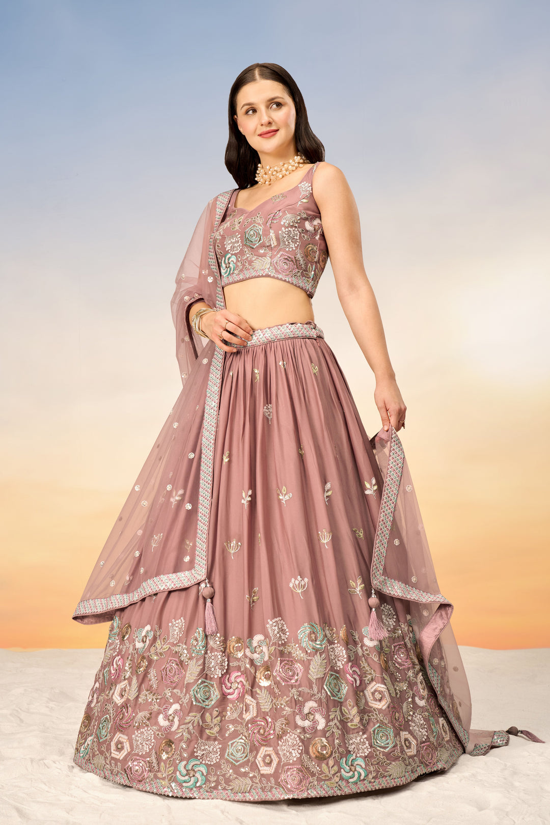 Designer Rose Gold Lehenga | Georgette Choli & Net Dupatta Sequence Work