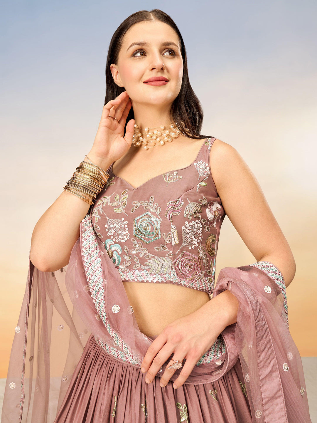 Attractive Rose Gold Embroidered Georgette Lehenga Choli With Dupatta