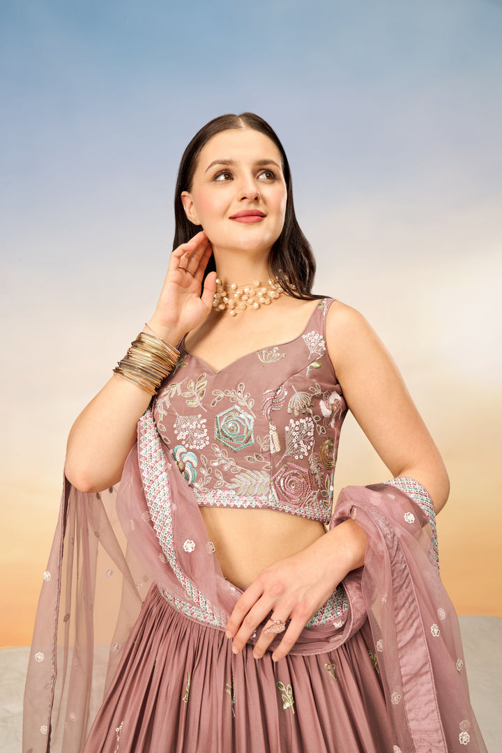 Designer Rose Gold Lehenga | Georgette Choli & Net Dupatta Sequence Work