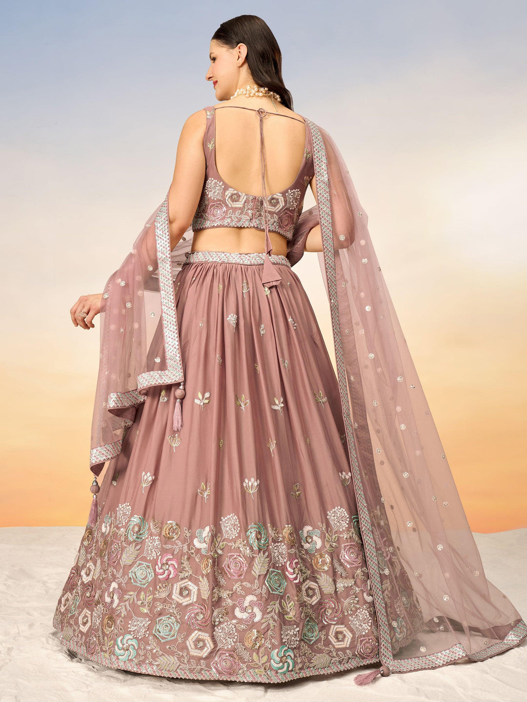 Attractive Rose Gold Embroidered Georgette Lehenga Choli With Dupatta