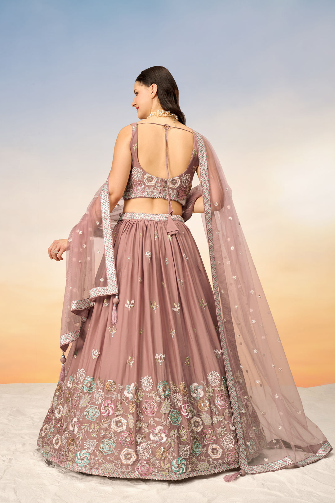 Designer Rose Gold Lehenga | Georgette Choli & Net Dupatta Sequence Work