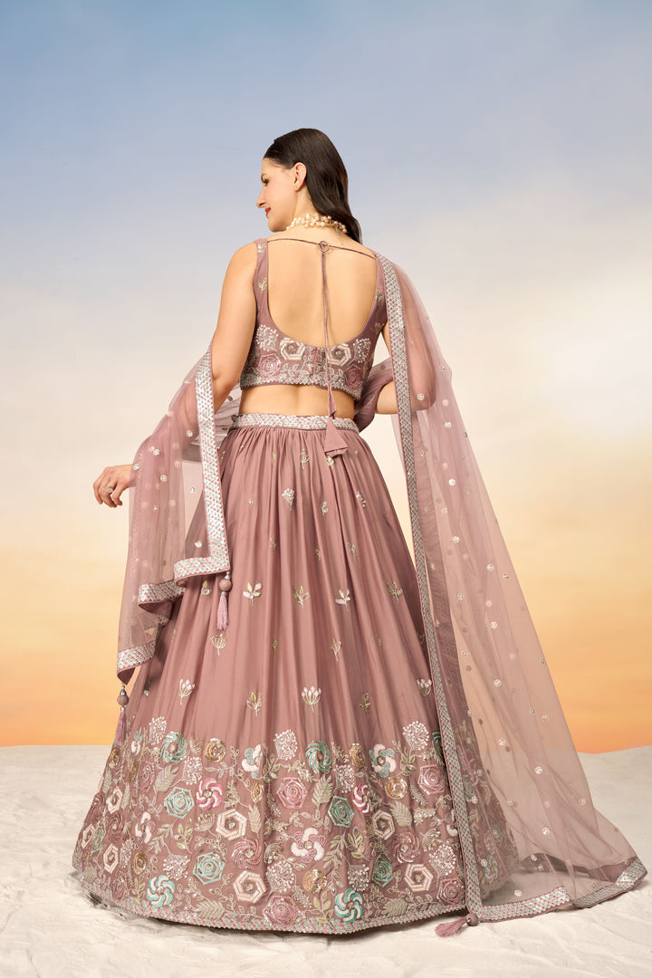 Designer Rose Gold Lehenga | Georgette Choli & Net Dupatta Sequence Work