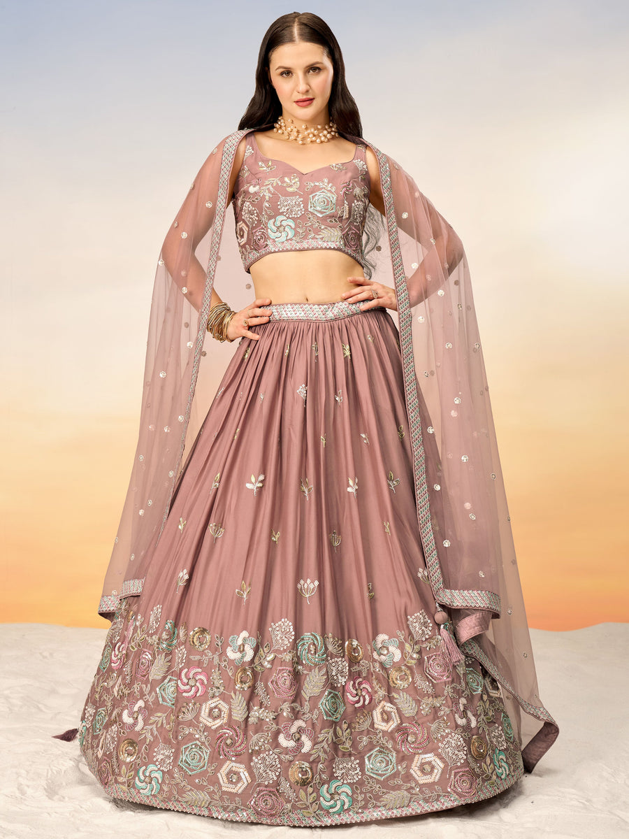 Attractive Rose Gold Embroidered Georgette Lehenga Choli With Dupatta