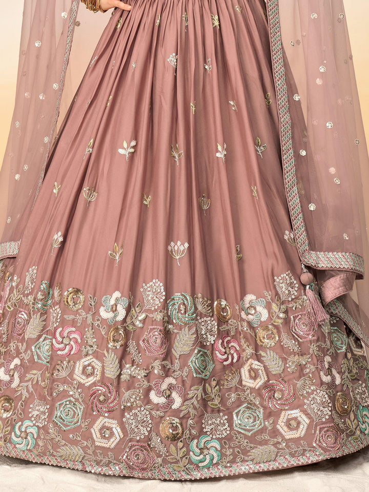 Attractive Rose Gold Embroidered Georgette Lehenga Choli With Dupatta