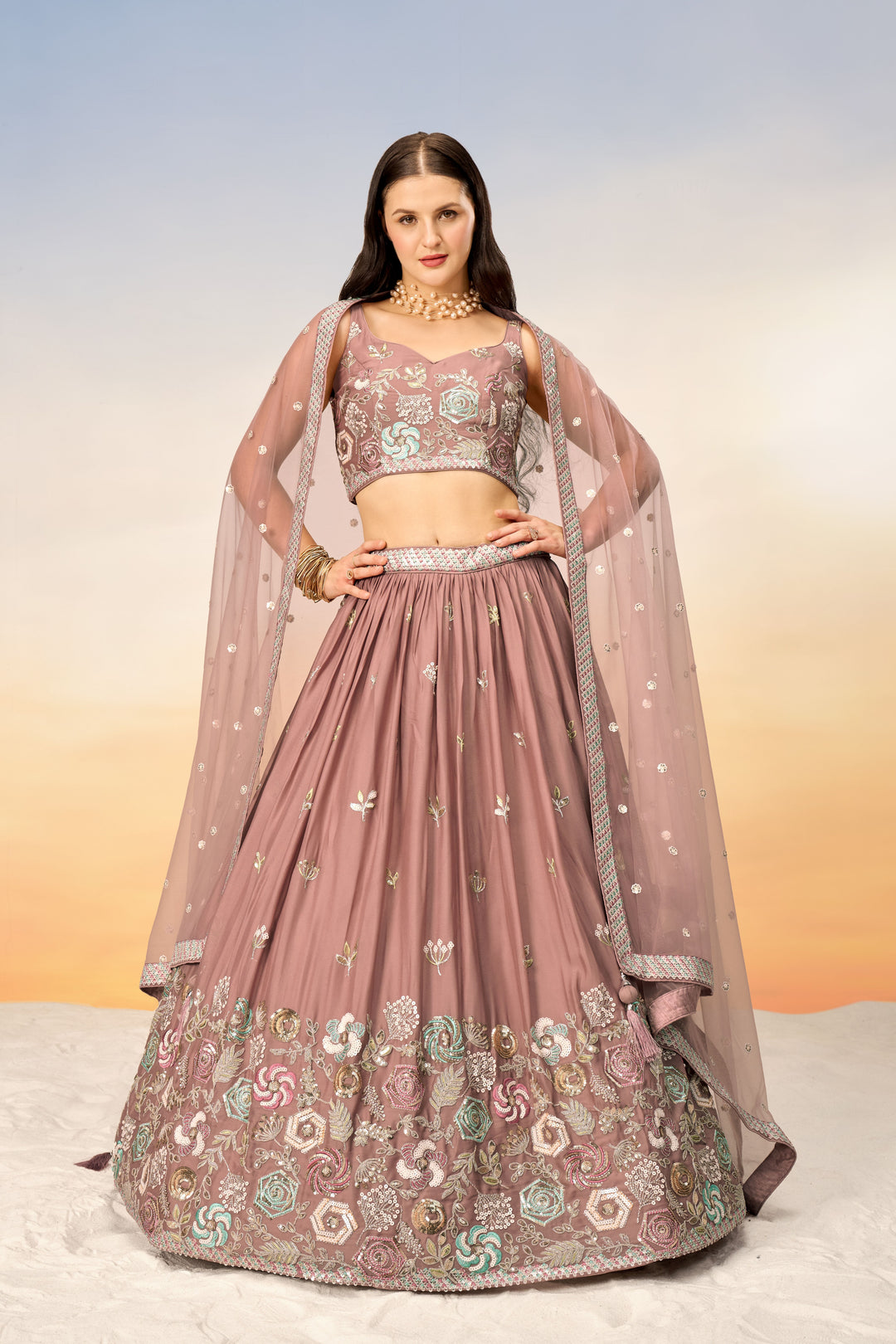 Designer Rose Gold Lehenga | Georgette Choli & Net Dupatta Sequence Work