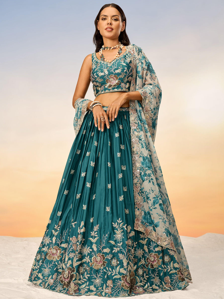 Alluring Teal Blue Sequins Chiffon Wedding Lehenga Choli With Dupatta